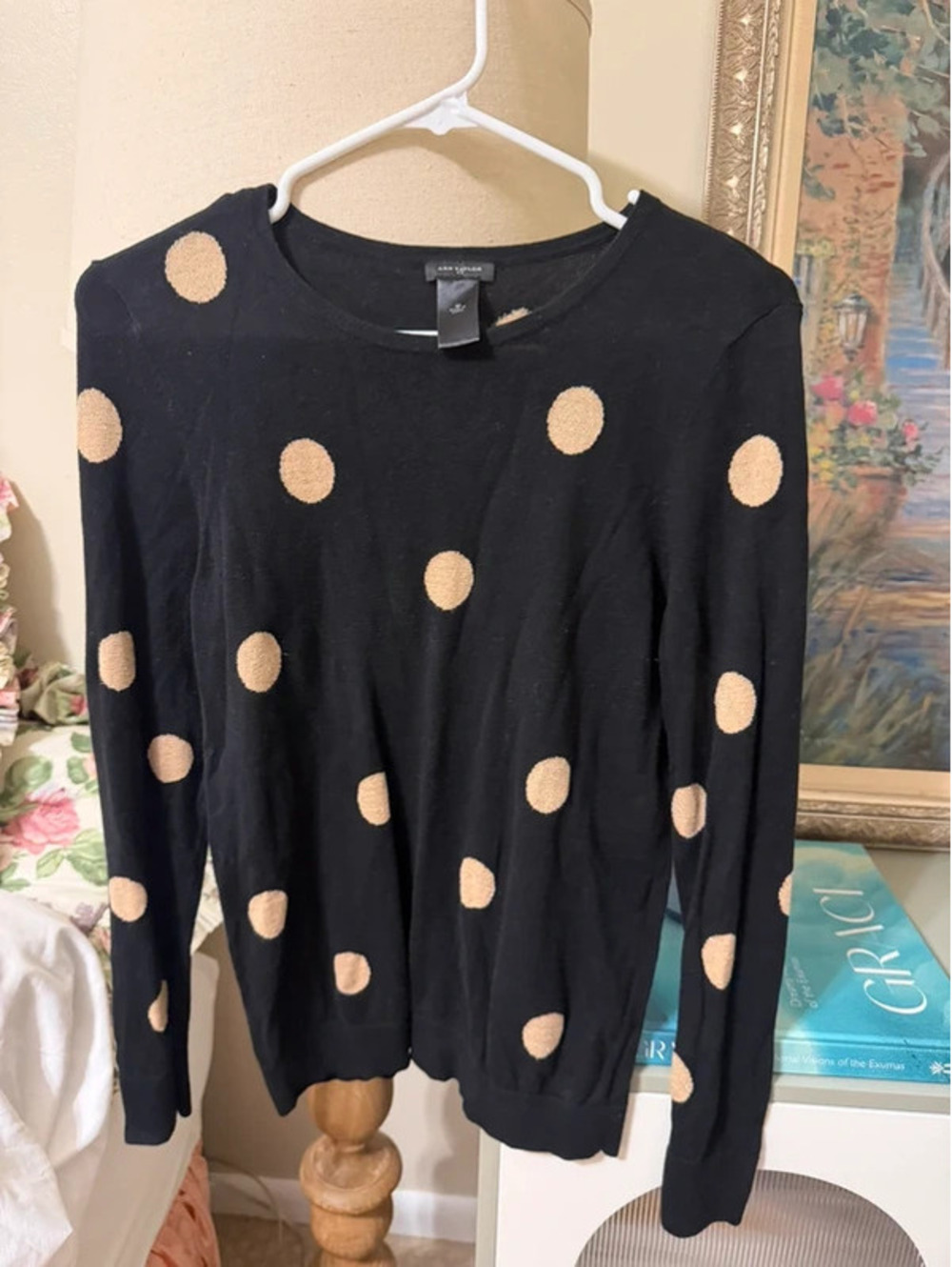 Ann Taylor “Golden Dots” Black & Gold Polka Dot Sweater – Medium